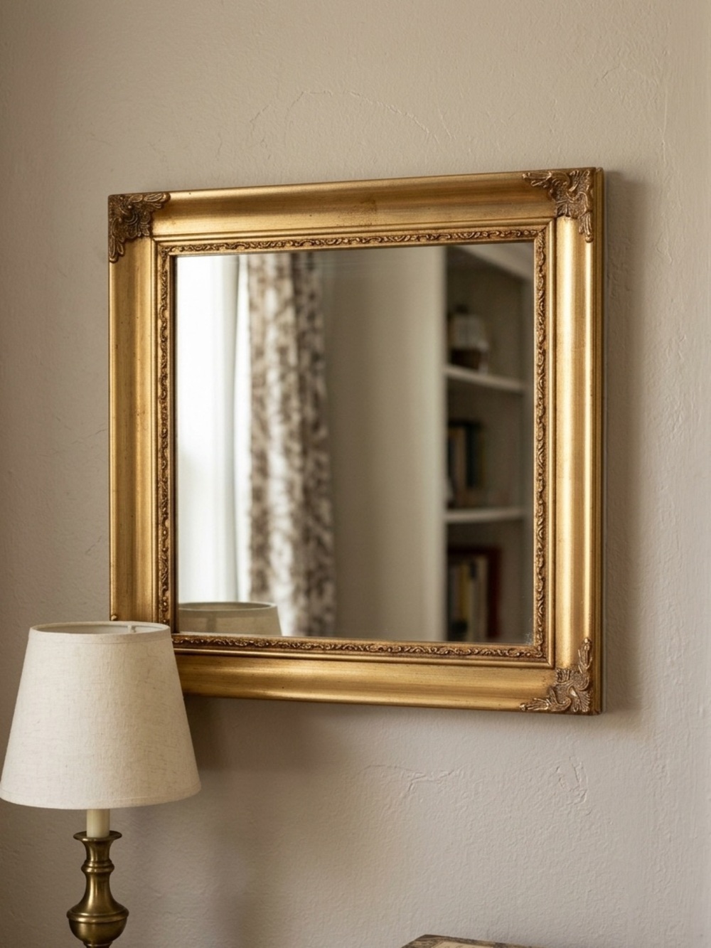 Title: Vintage 12x12 Ornate Gold Wood Wall Mirror - Baroque Style
Gilt Frame